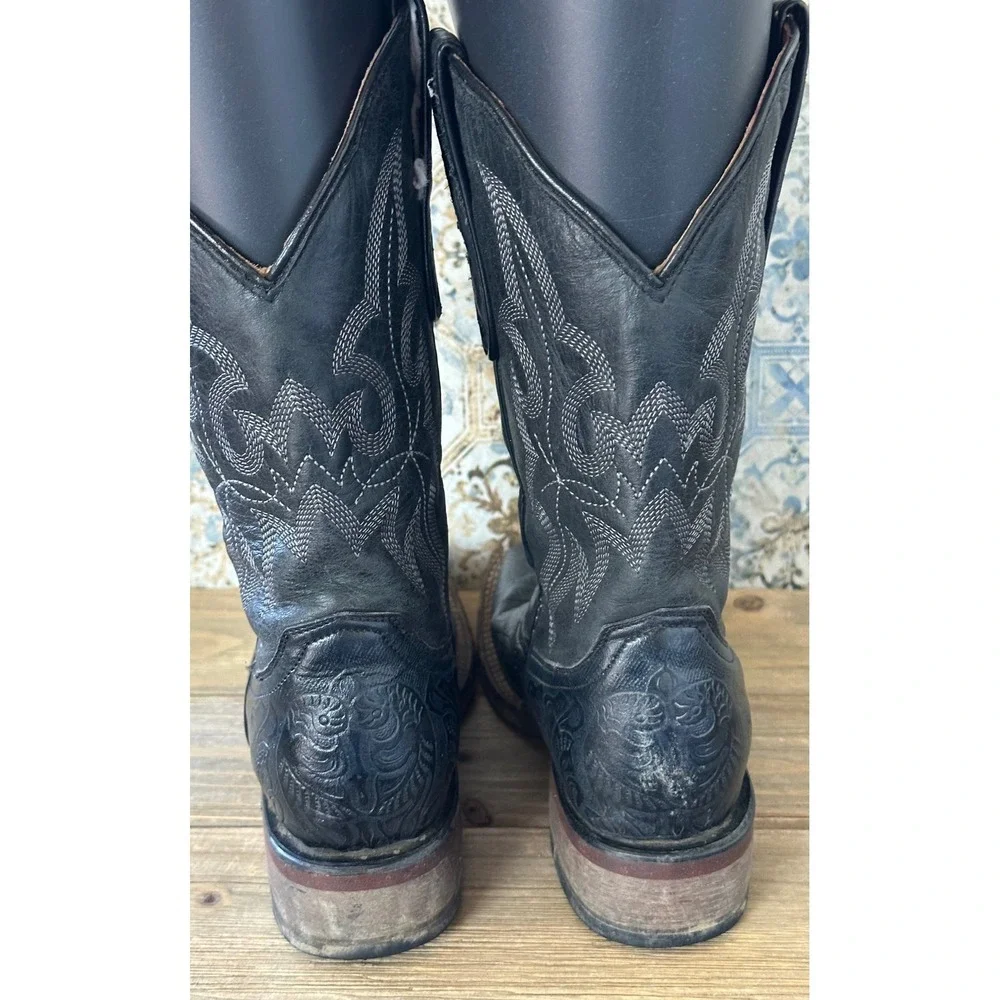 Tanner Mark Western Cowboy Boots Embossed Leather Kids 4 Black